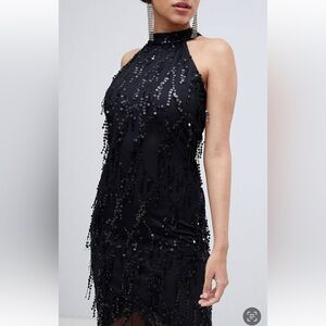 Elegant Black Sequin halter Dress
